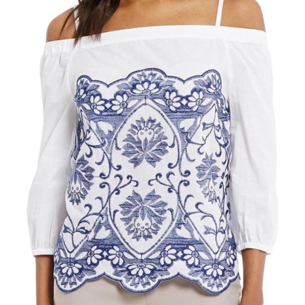 Blue and White Floral Off The Shoulder Top